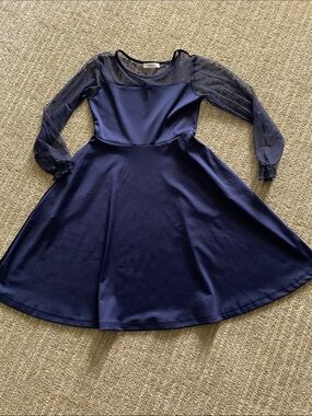 Girls Navy Mesh-Sleeve Fit-and-Flare Dress